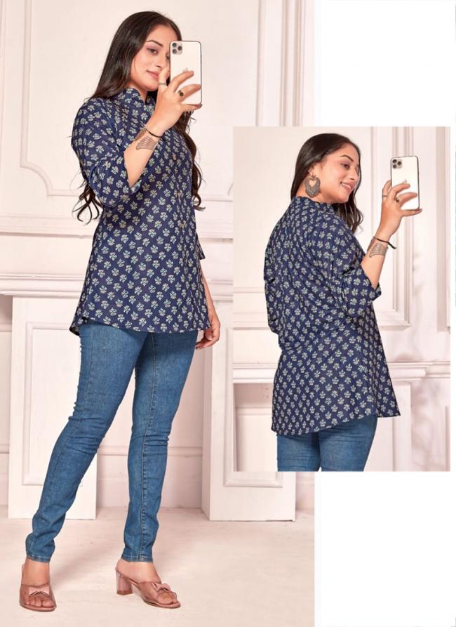 Cotton Navy Blue Casual Wear Printed Readymade Top